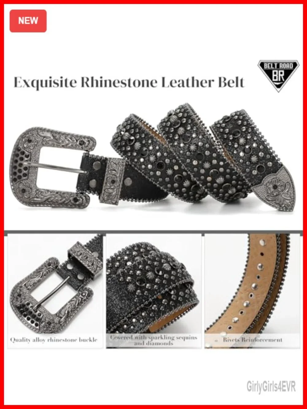 Rhinestone Embellished Leather Belt with Detachable Buckle